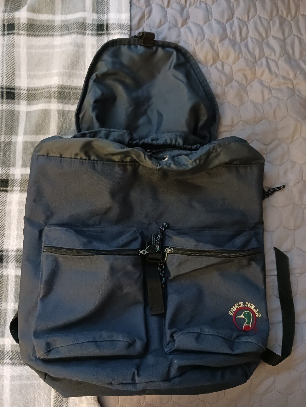 Duck Head Backpack Daypack Multi Pocket Drawstring Grey-blue Canvas